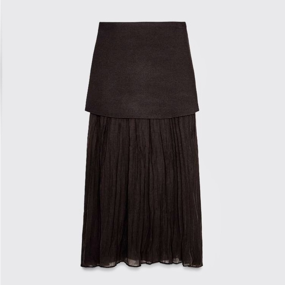 Zara NWT dark brown mixed combination midi pleated contrasting skirt - Picture 8 of 15